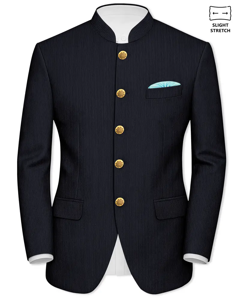 Cosmire-Space Blue Pencil Striped Wool Rich Bandhgala Slight Stretch Blazer 1