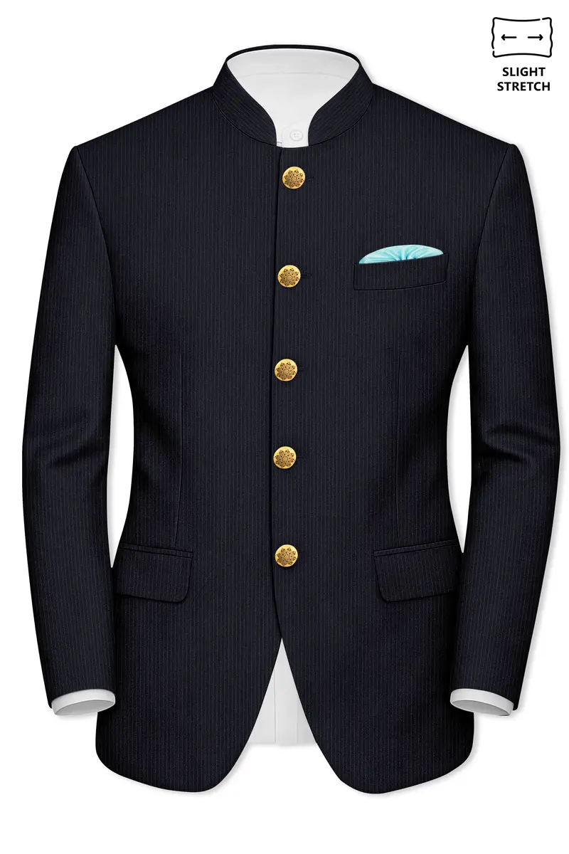 Cosmire-Space Blue Pencil Striped Wool Rich Bandhgala Slight Stretch Blazer 2