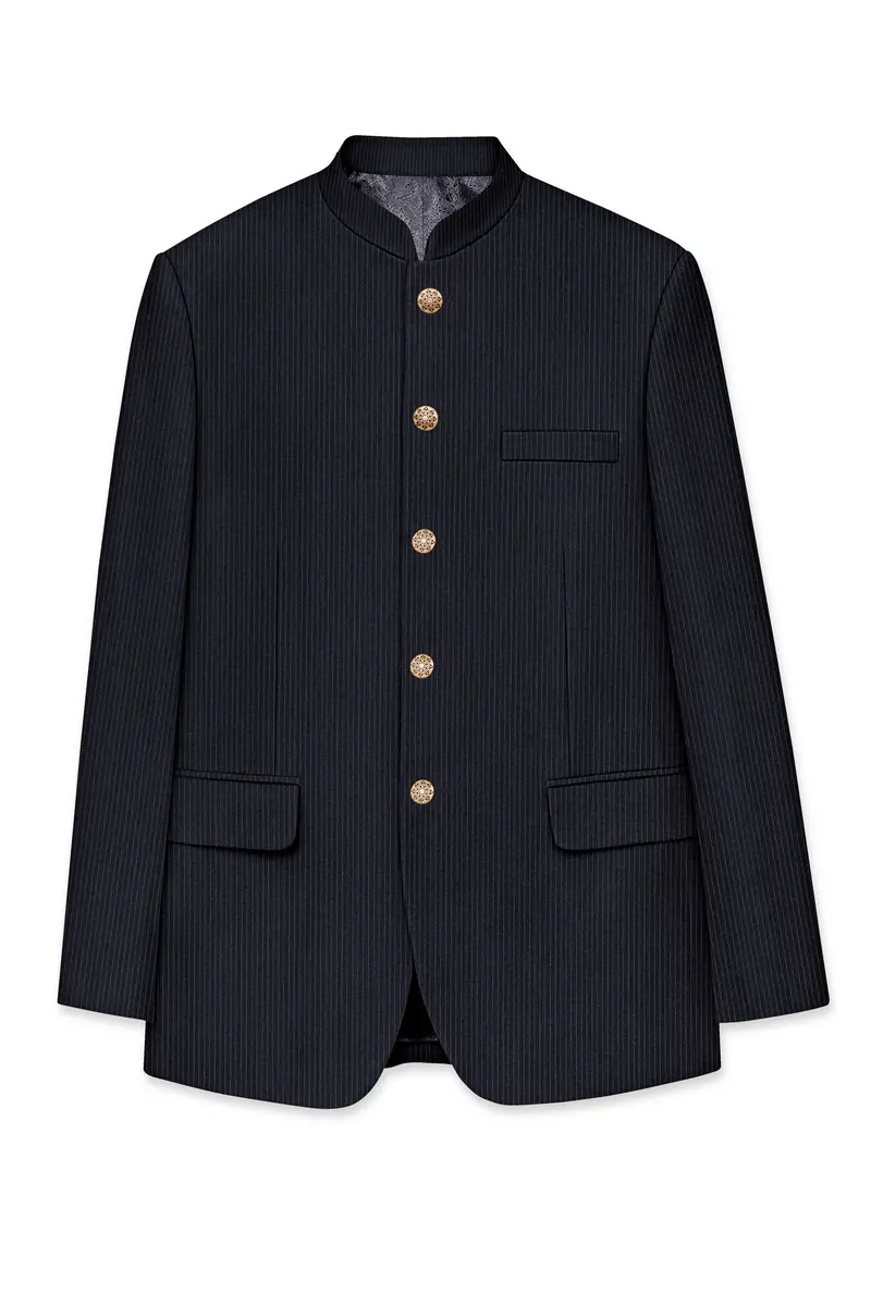 Cosmire-Space Blue Pencil Striped Wool Rich Bandhgala Slight Stretch Blazer 6