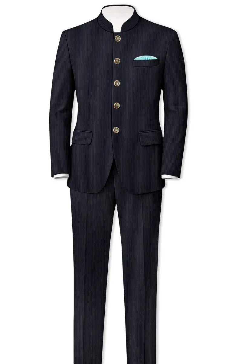 Cosmire-Space Blue Pencil Striped Wool Rich Bandhgala Slight Stretch Blazer 8