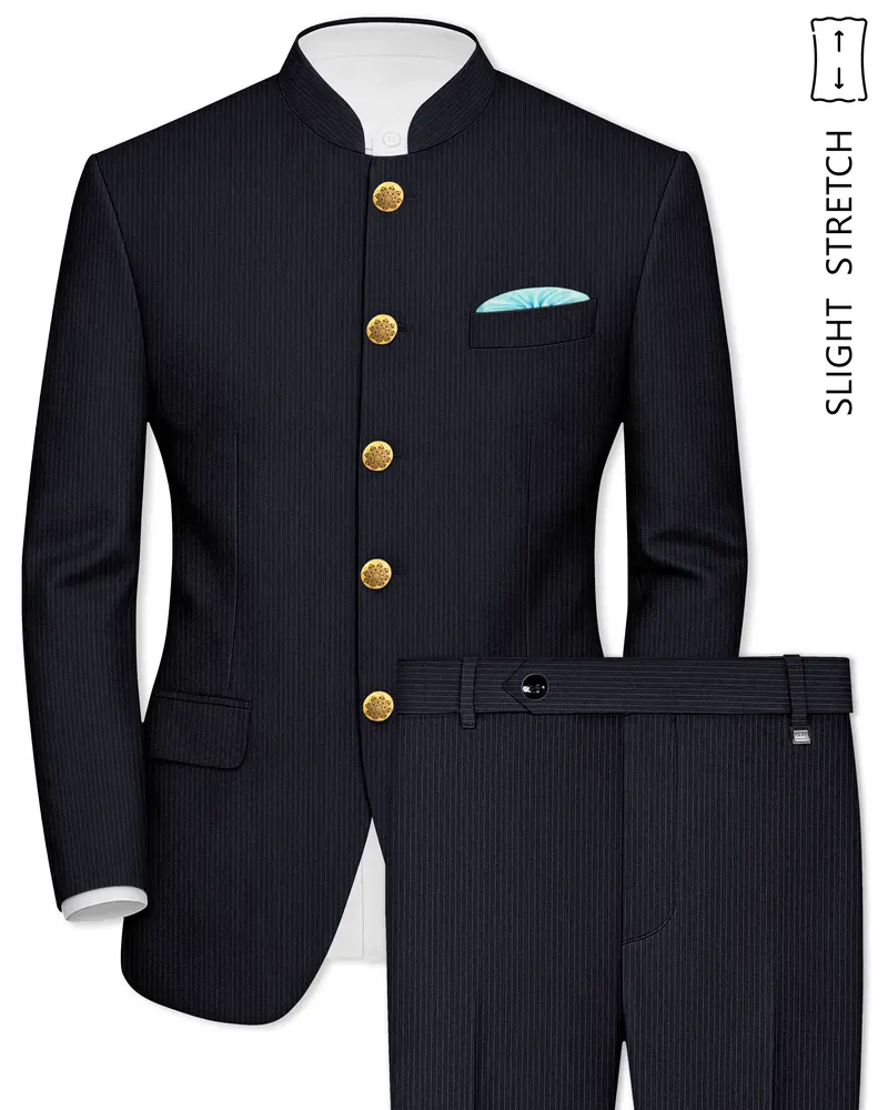 Cosmire-Space Blue Pencil Striped Wool Rich Bandhgala Slight Stretch Suit 1