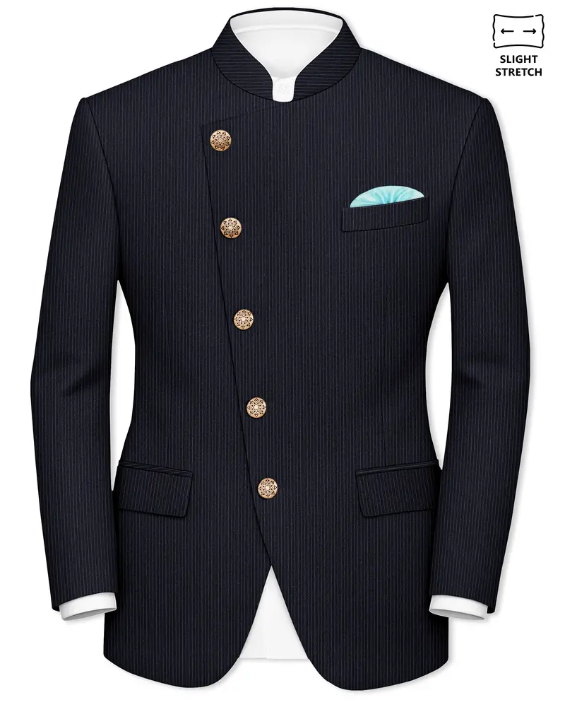 Cosmire-Space Blue Pencil Striped Wool Rich Slight Stretch Cross Placket Bandhgala Blazer 1