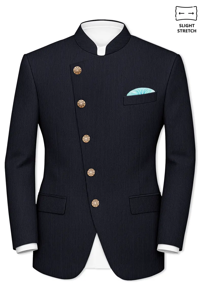 Cosmire-Space Blue Pencil Striped Wool Rich Slight Stretch Cross Placket Bandhgala Blazer 2
