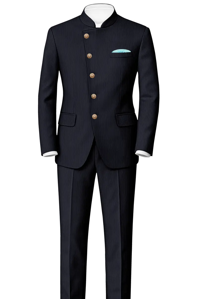 Cosmire-Space Blue Pencil Striped Wool Rich Slight Stretch Cross Placket Bandhgala Blazer 8