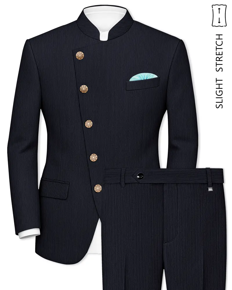 Cosmire-Space Blue Pencil Striped Wool Rich Slight Stretch Cross Placket Bandhgala Suit 1