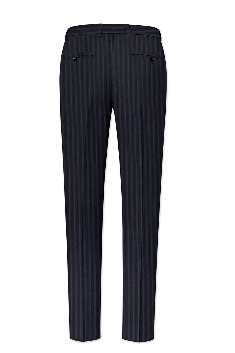 Cosmire-Space Blue Pencil Striped Wool Rich Slight Stretch Cross Placket Bandhgala Suit 13
