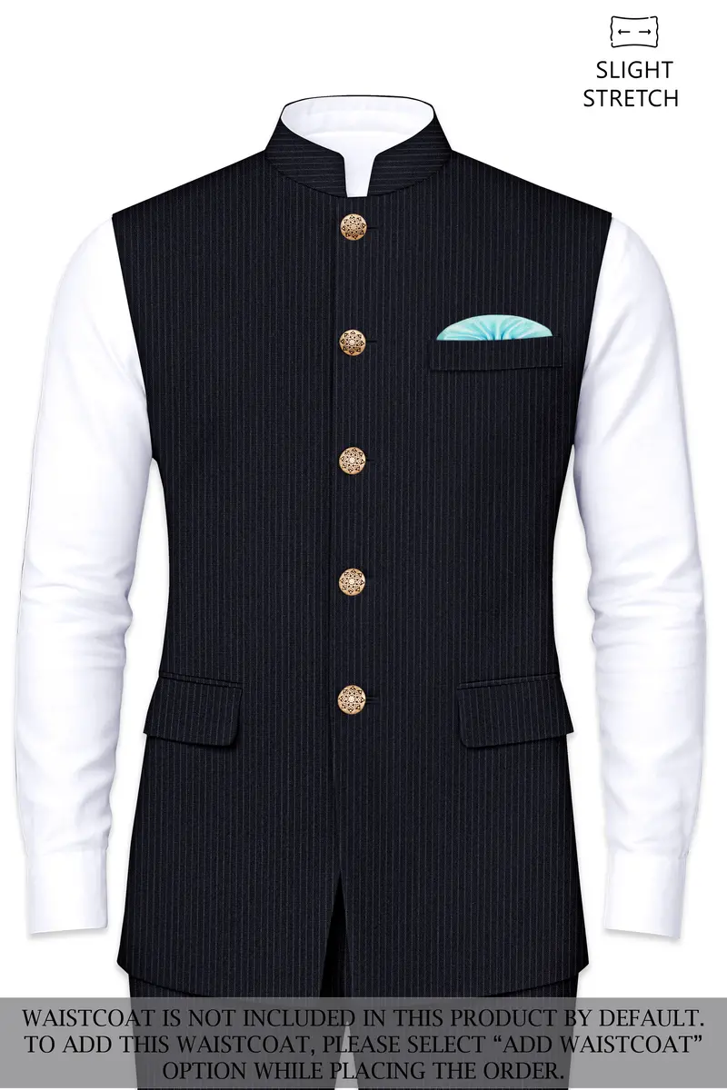 Cosmire-Space Blue Pencil Striped Wool Rich Slight Stretch Cross Placket Bandhgala Suit 15