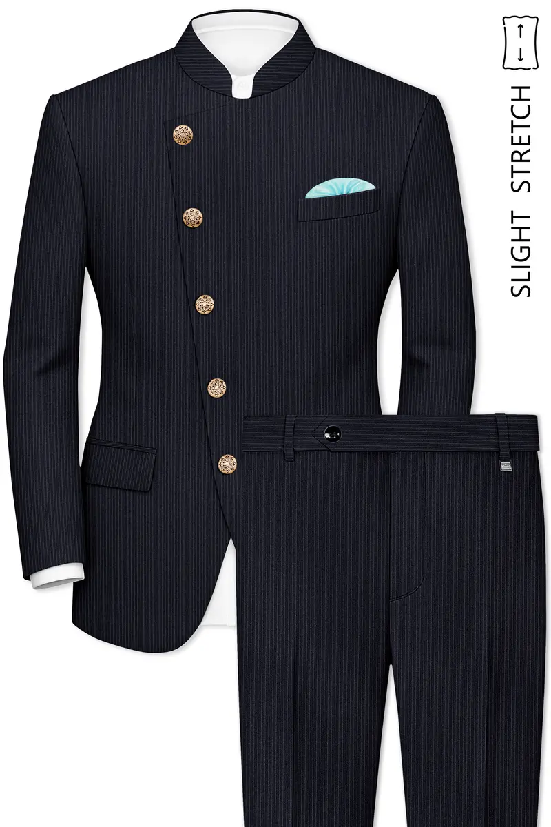 Cosmire-Space Blue Pencil Striped Wool Rich Slight Stretch Cross Placket Bandhgala Suit 2