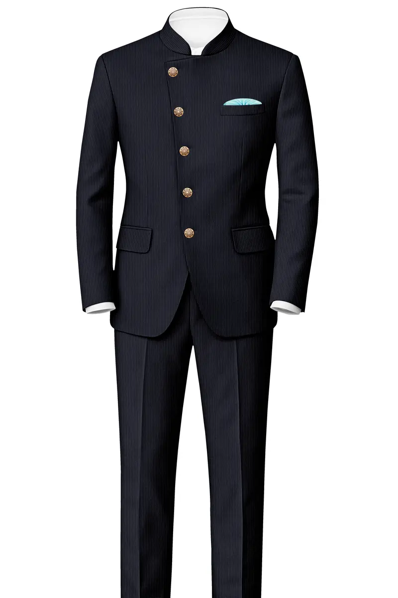 Cosmire-Space Blue Pencil Striped Wool Rich Slight Stretch Cross Placket Bandhgala Suit 4