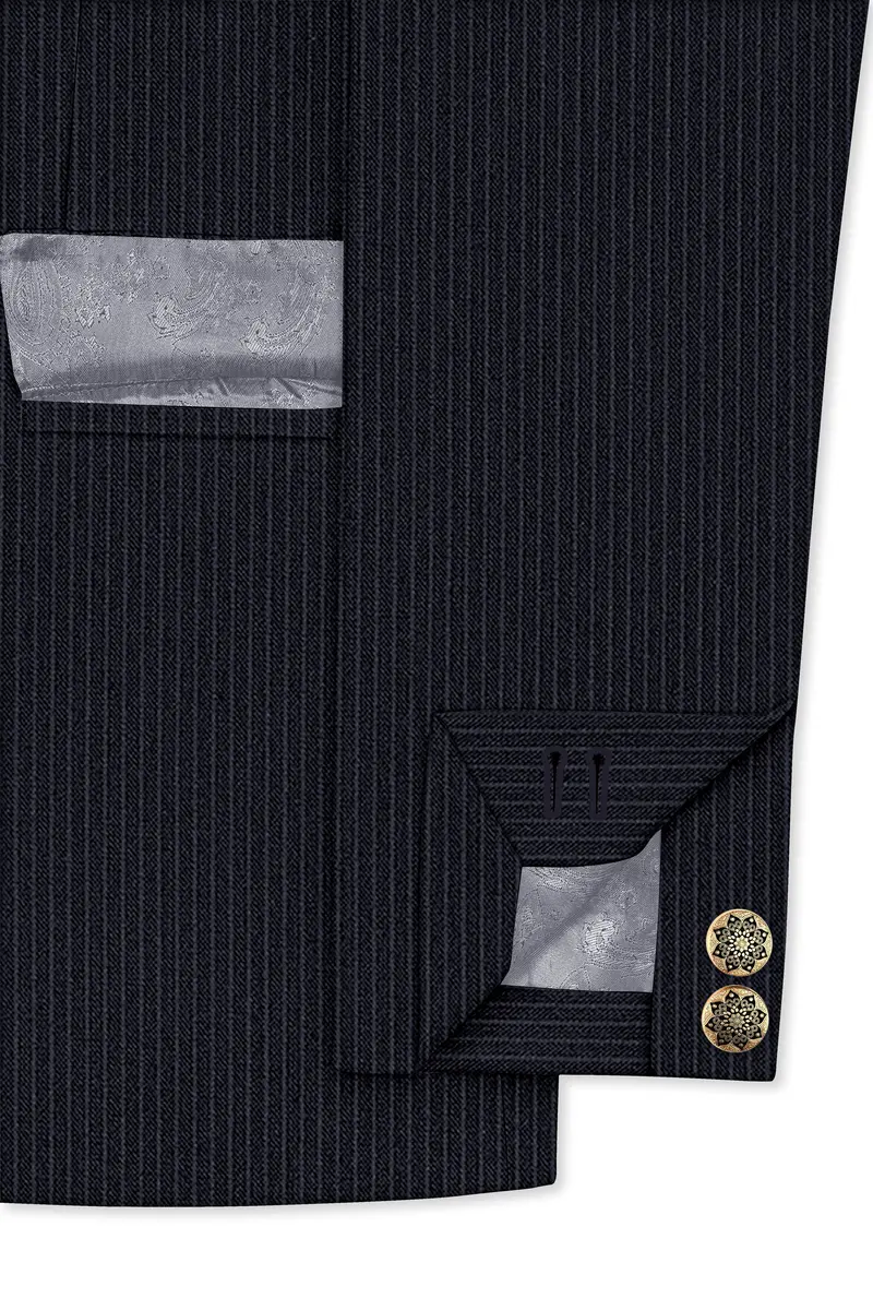 Cosmire-Space Blue Pencil Striped Wool Rich Slight Stretch Cross Placket Bandhgala Suit 6