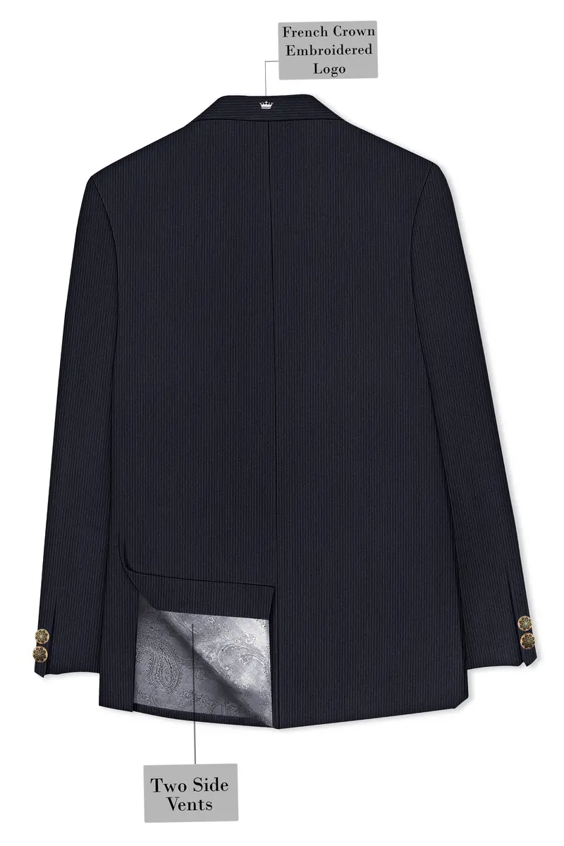 Cosmire-Space Blue Pencil Striped Wool Rich Slight Stretch Cross Placket Bandhgala Suit 8