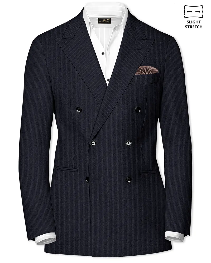 Cosmire-Space Blue Pencil Striped Wool Rich Slight Stretch Double Breasted Blazer 1