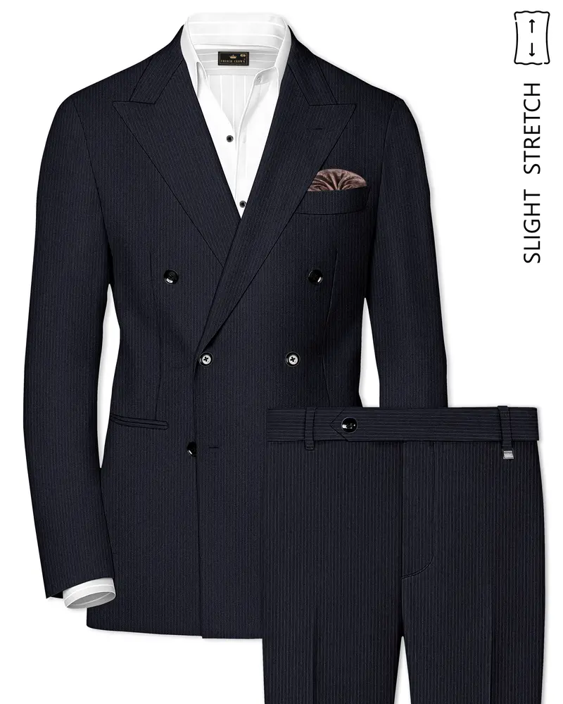 Cosmire-Space Blue Pencil Striped Wool Rich Slight Stretch Double Breasted Suit 1
