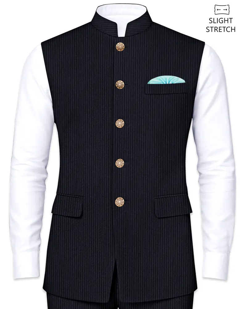 Cosmire-Space Blue Pencil Striped Wool Rich Slight Stretch Nehru Jacket 1