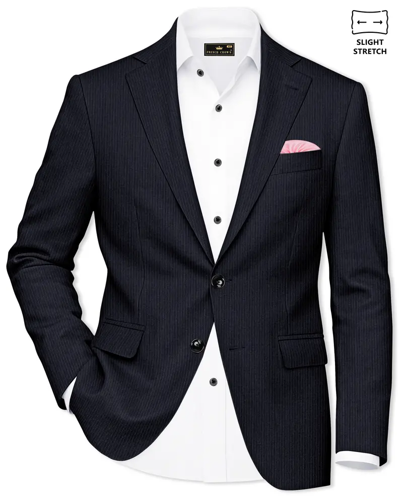 Cosmire-Space Blue Pencil Striped Wool Rich Slight Stretch Single Breasted Blazer 1