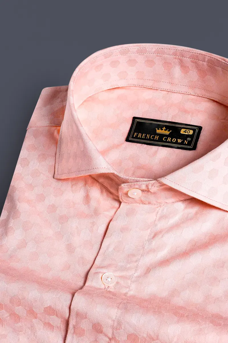 Cosmos Pink And Cashmere Brown Hexagonal Jacquard Textured Premium Giza Cotton Shirt 1