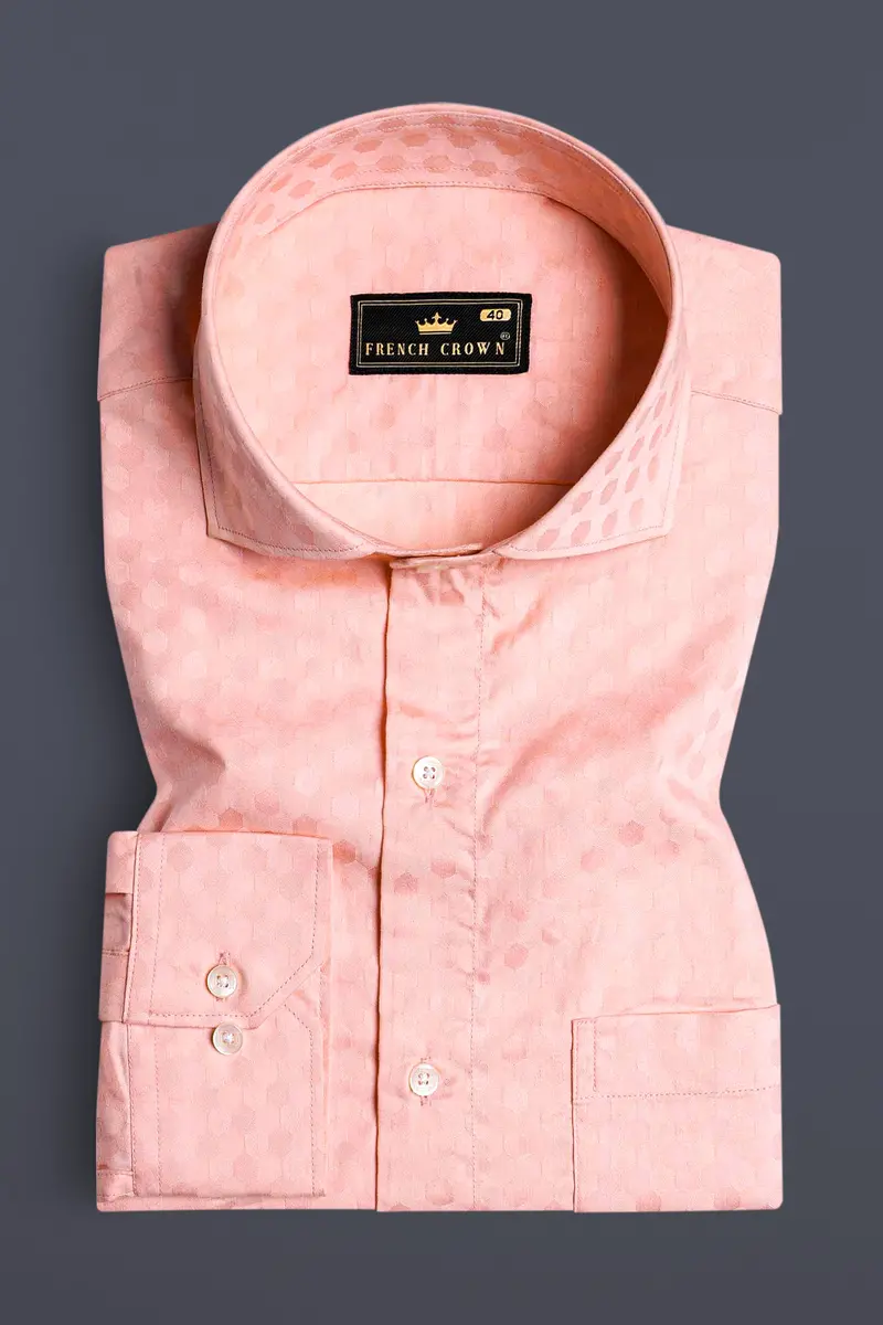 Cosmos Pink And Cashmere Brown Hexagonal Jacquard Textured Premium Giza Cotton Shirt 3