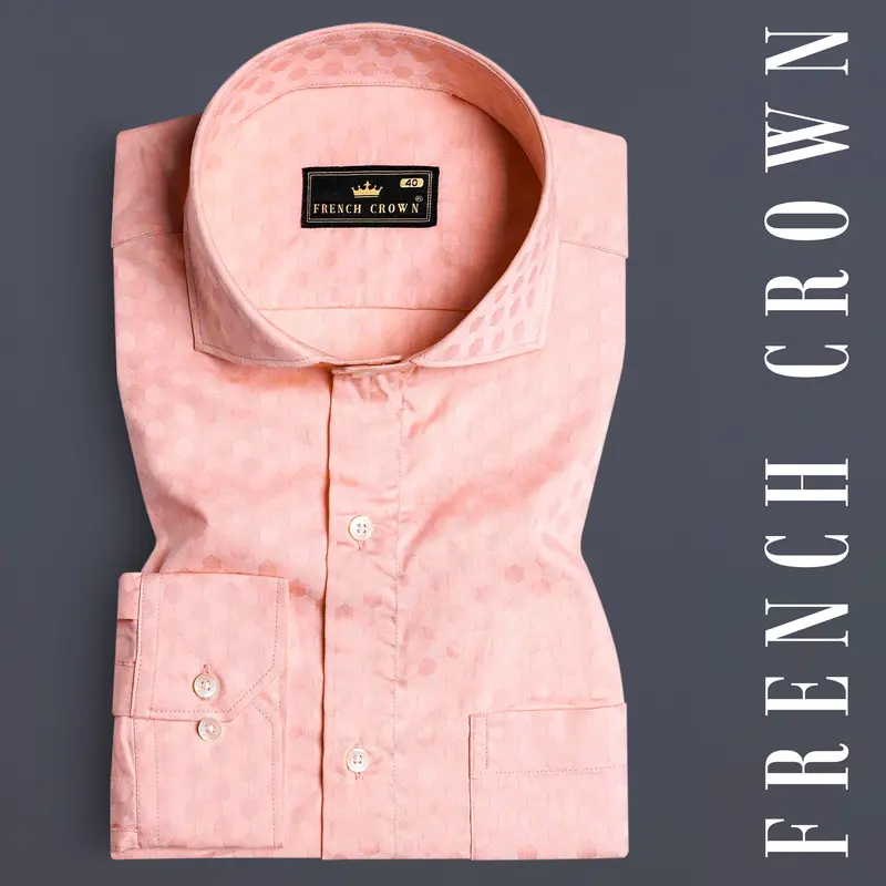 Cosmos Pink And Cashmere Brown Hexagonal Jacquard Textured Premium Giza Cotton Shirt 7