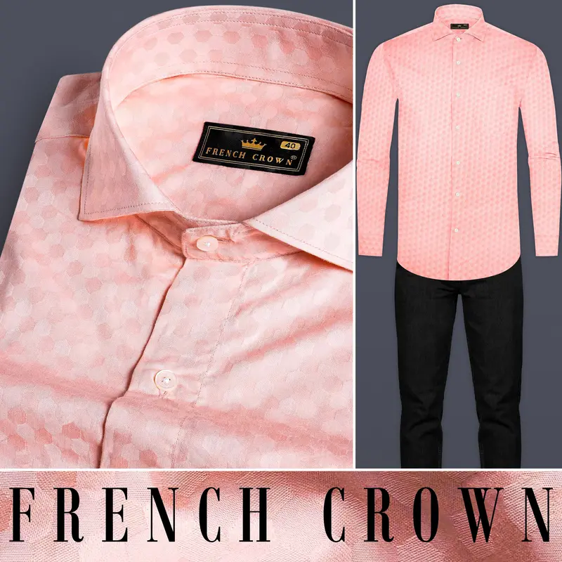 Cosmos Pink And Cashmere Brown Hexagonal Jacquard Textured Premium Giza Cotton Shirt 8