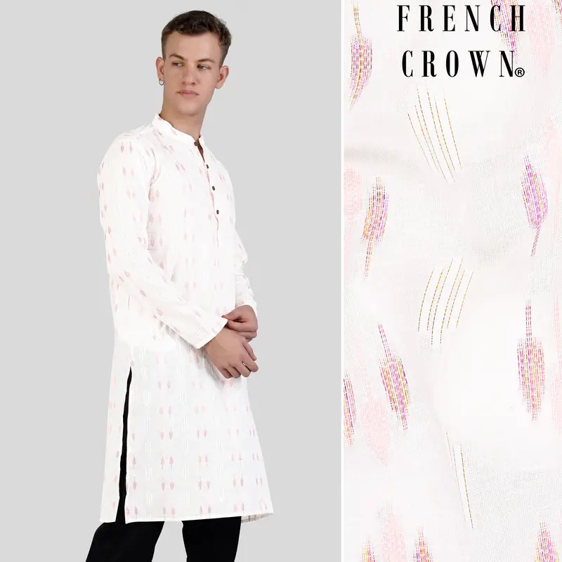 Cosmos Pink Leaves Textured Jacquard Premium Giza Cotton Kurta 1
