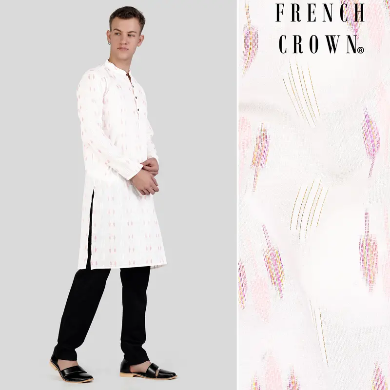 Cosmos Pink Leaves Textured Jacquard Premium Giza Cotton Kurta Set 1