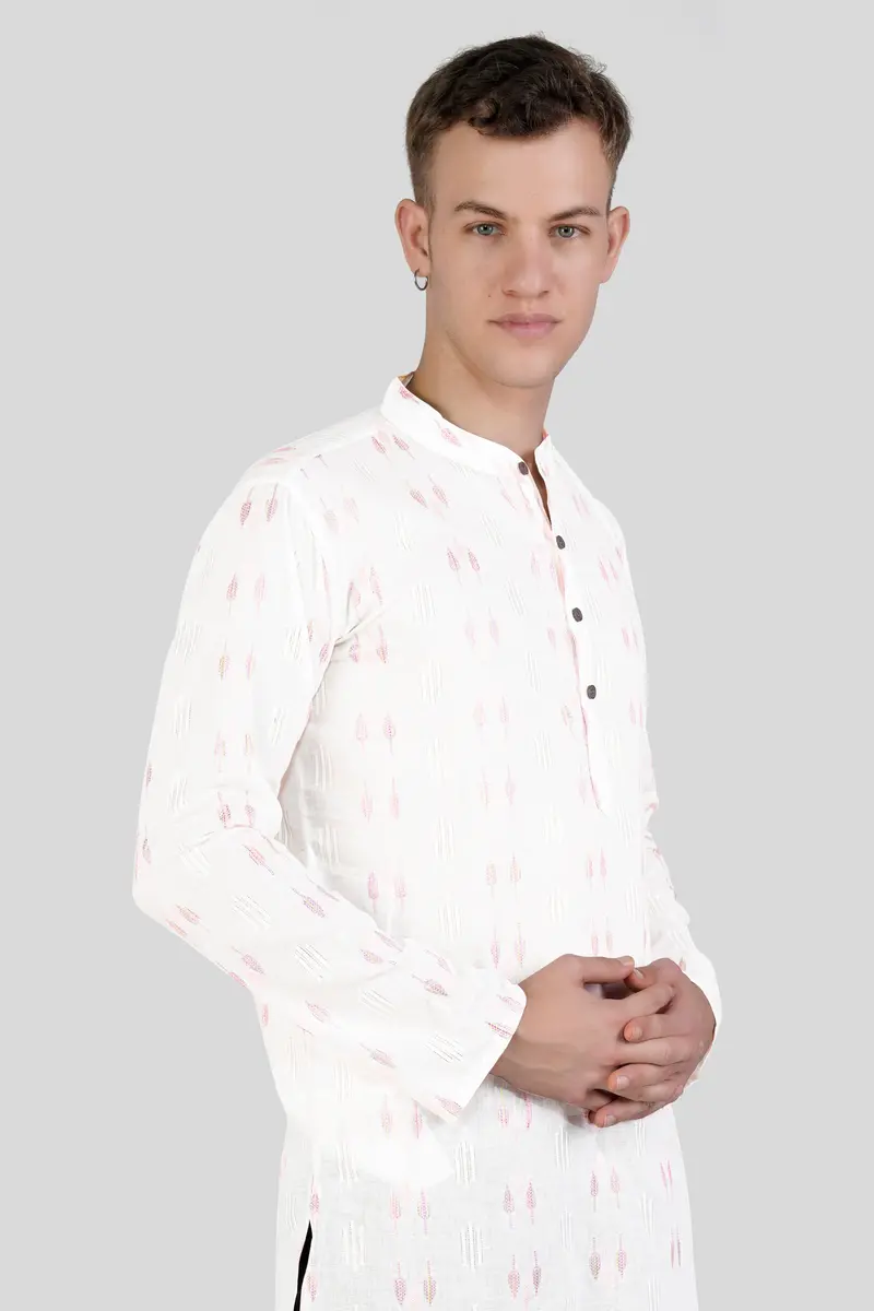 Cosmos Pink Leaves Textured Jacquard Premium Giza Cotton Kurta Set 4