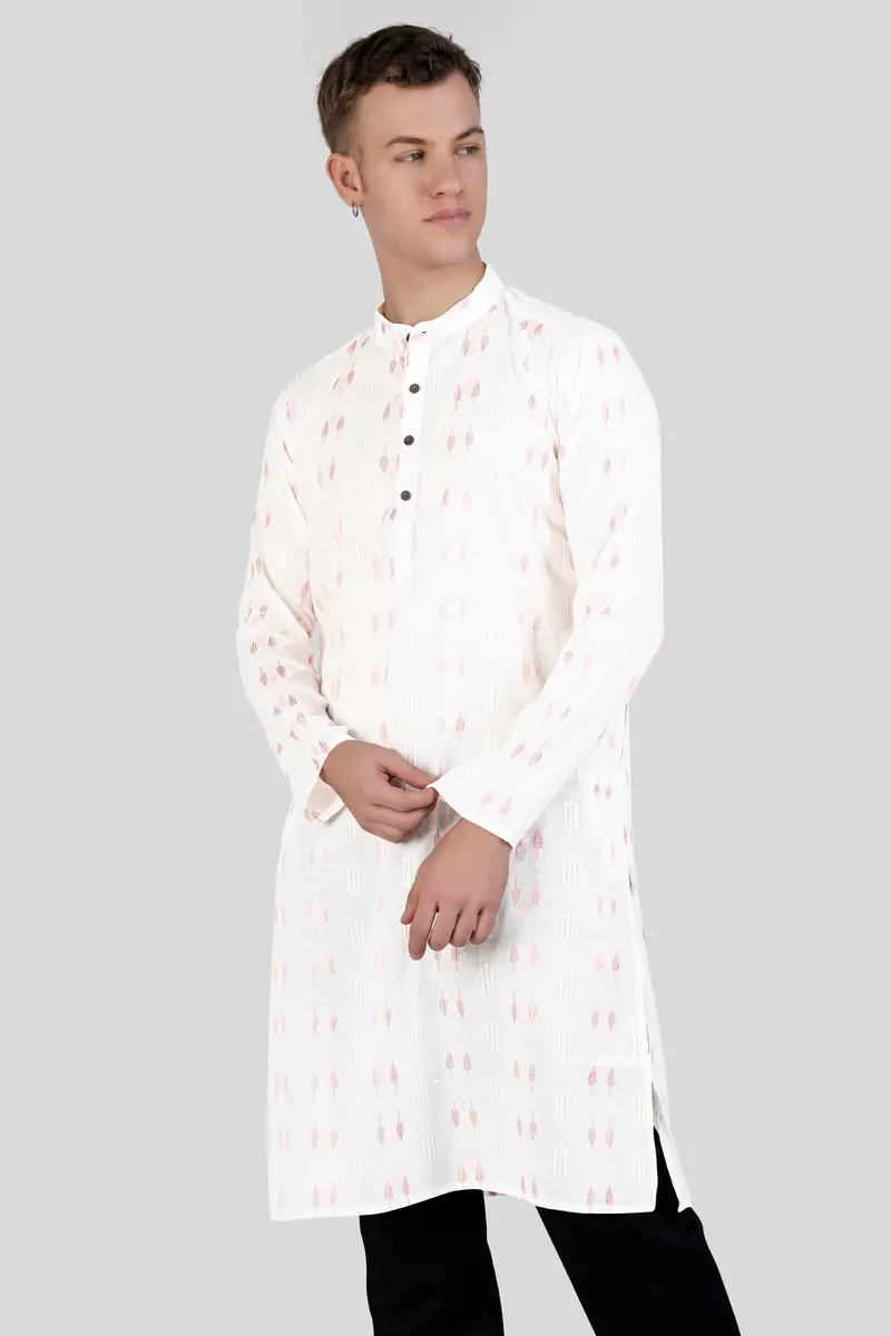 Cosmos Pink Leaves Textured Jacquard Premium Giza Cotton Kurta Set 5