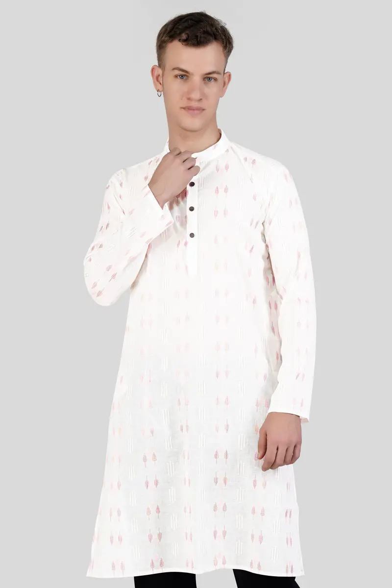 Cosmos Pink Leaves Textured Jacquard Premium Giza Cotton Kurta Set 6