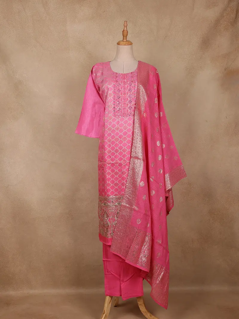 Cotton Candy Colour Zari Woven Silk Salwar Suit With Dupatta 1