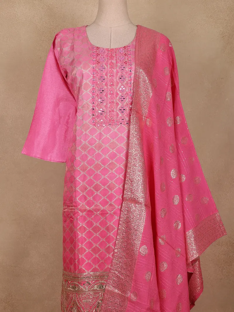 Cotton Candy Colour Zari Woven Silk Salwar Suit With Dupatta 2