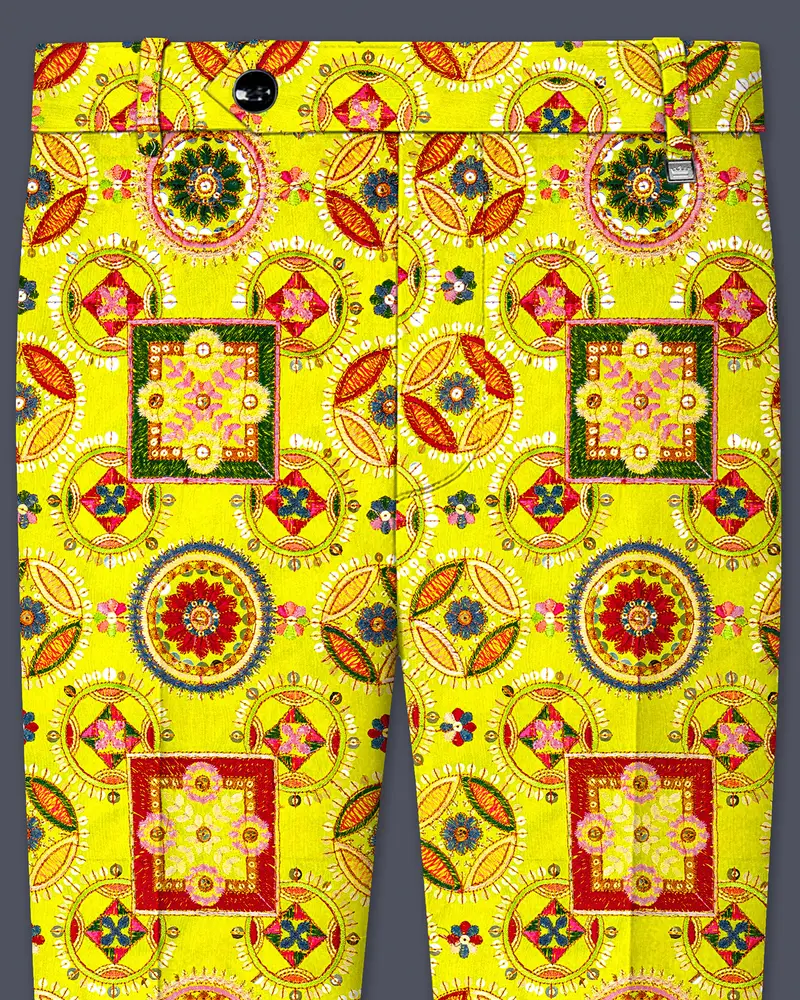 Coutflora-Custard Yellow Multicolour Cotton Thread Embroidered Designer Stretchable Waistband Pant 1