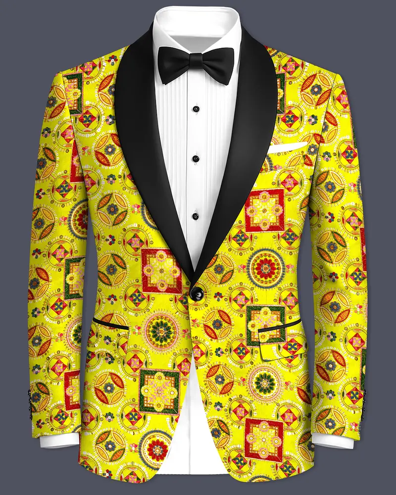 Coutflora-Custard Yellow Multicolour Cotton Thread Embroidered Designer Tuxedo Blazer 1