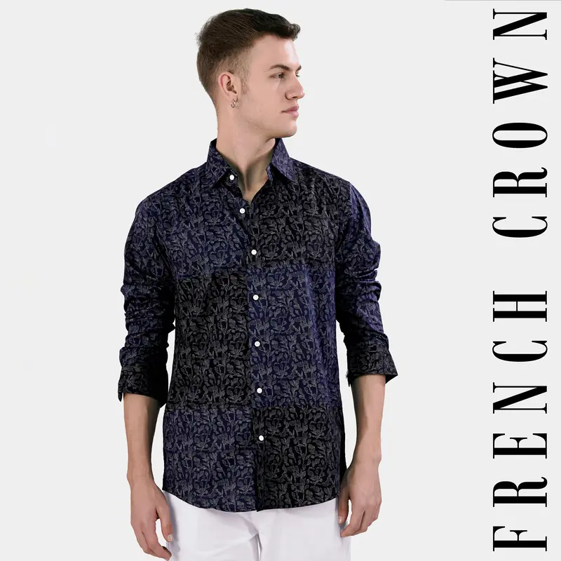 Cove Blue And Black Leaves Printed Subtle Sheen Super Soft Premium Cotton Designer Shirt 1
