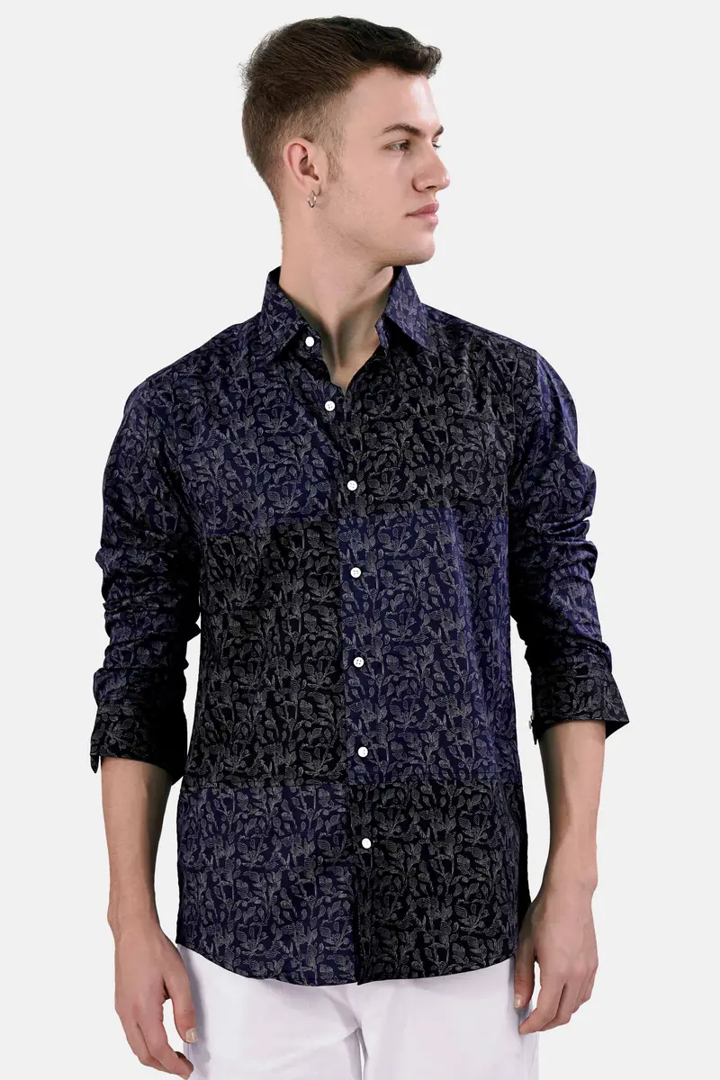 Cove Blue And Black Leaves Printed Subtle Sheen Super Soft Premium Cotton Designer Shirt 2