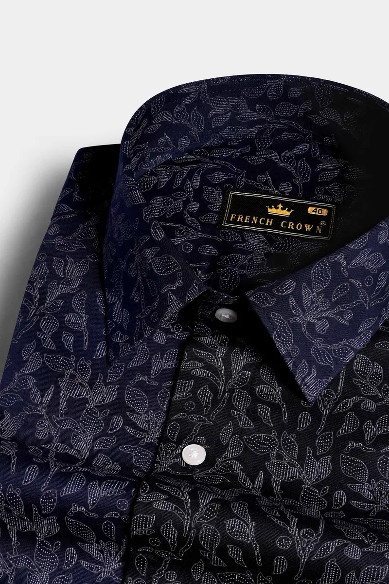 Cove Blue And Black Leaves Printed Subtle Sheen Super Soft Premium Cotton Designer Shirt 4