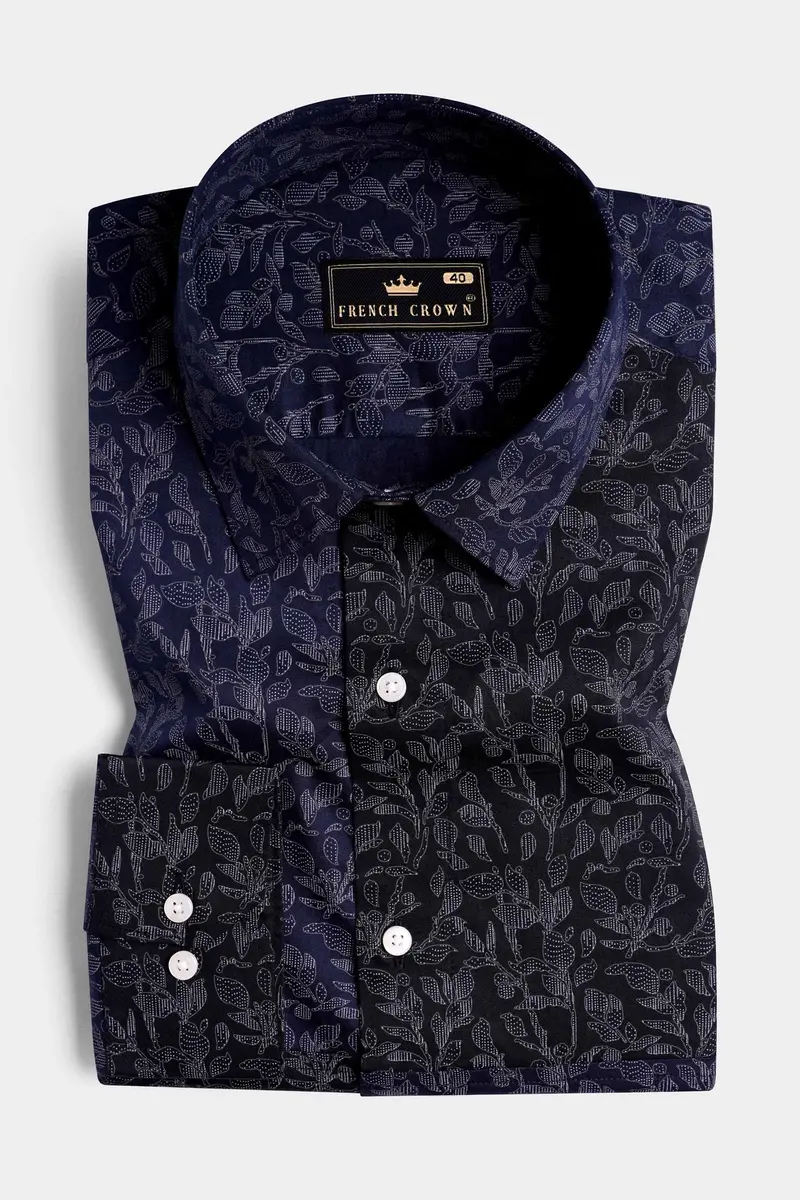 Cove Blue And Black Leaves Printed Subtle Sheen Super Soft Premium Cotton Designer Shirt 5
