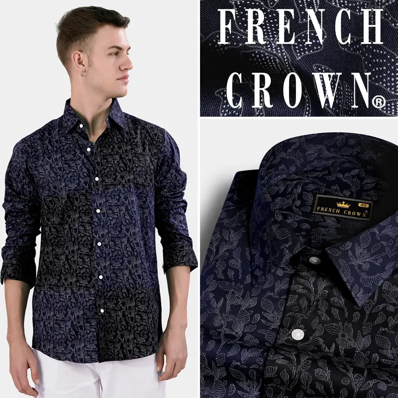 Cove Blue And Black Leaves Printed Subtle Sheen Super Soft Premium Cotton Designer Shirt 7