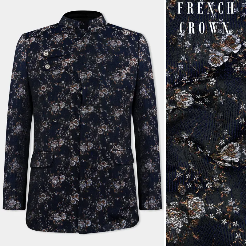 Cove Blue And Sepia Brown Floral Jacquard Textured Premium Giza Cotton Bandhgala Designer Blazer 1