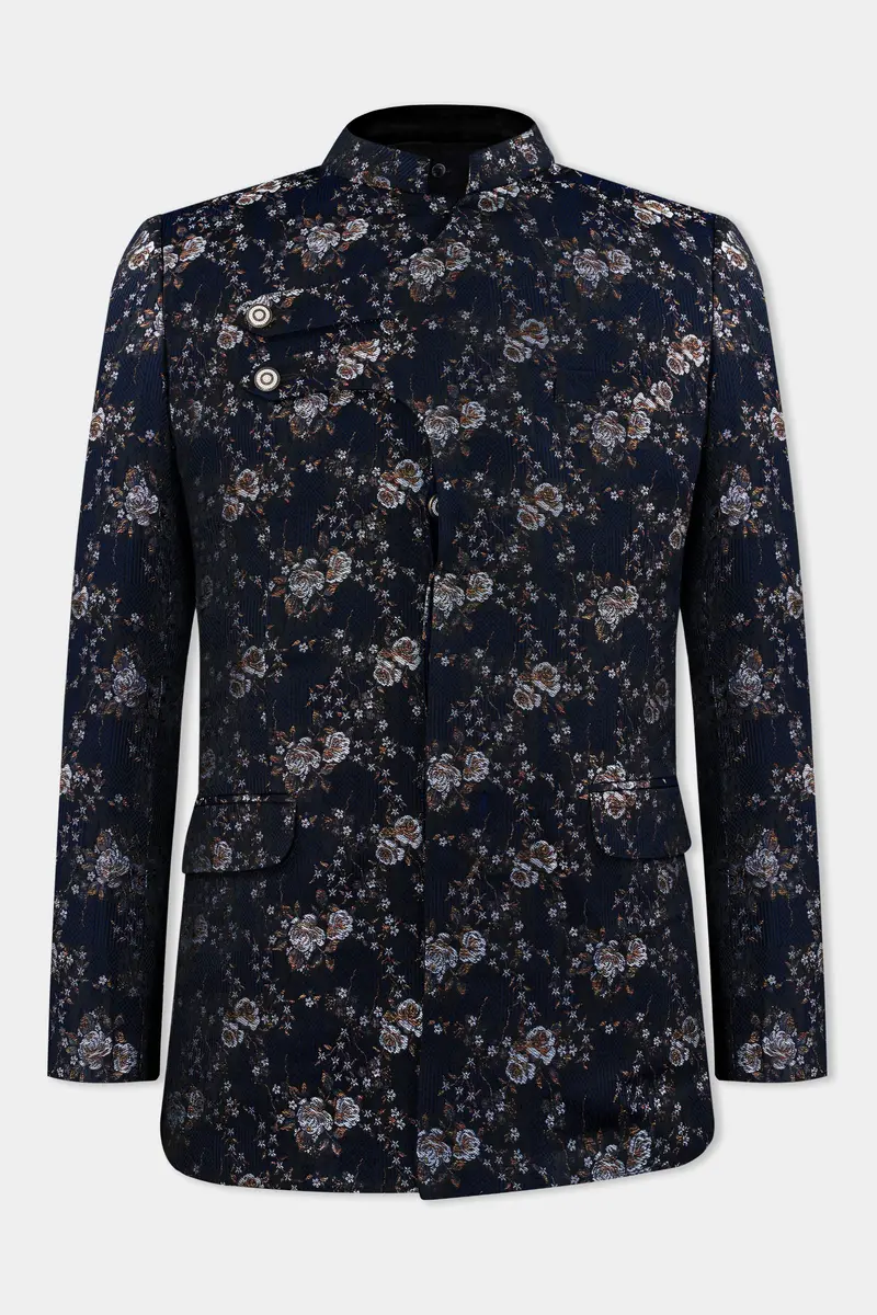 Cove Blue And Sepia Brown Floral Jacquard Textured Premium Giza Cotton Bandhgala Designer Blazer 2