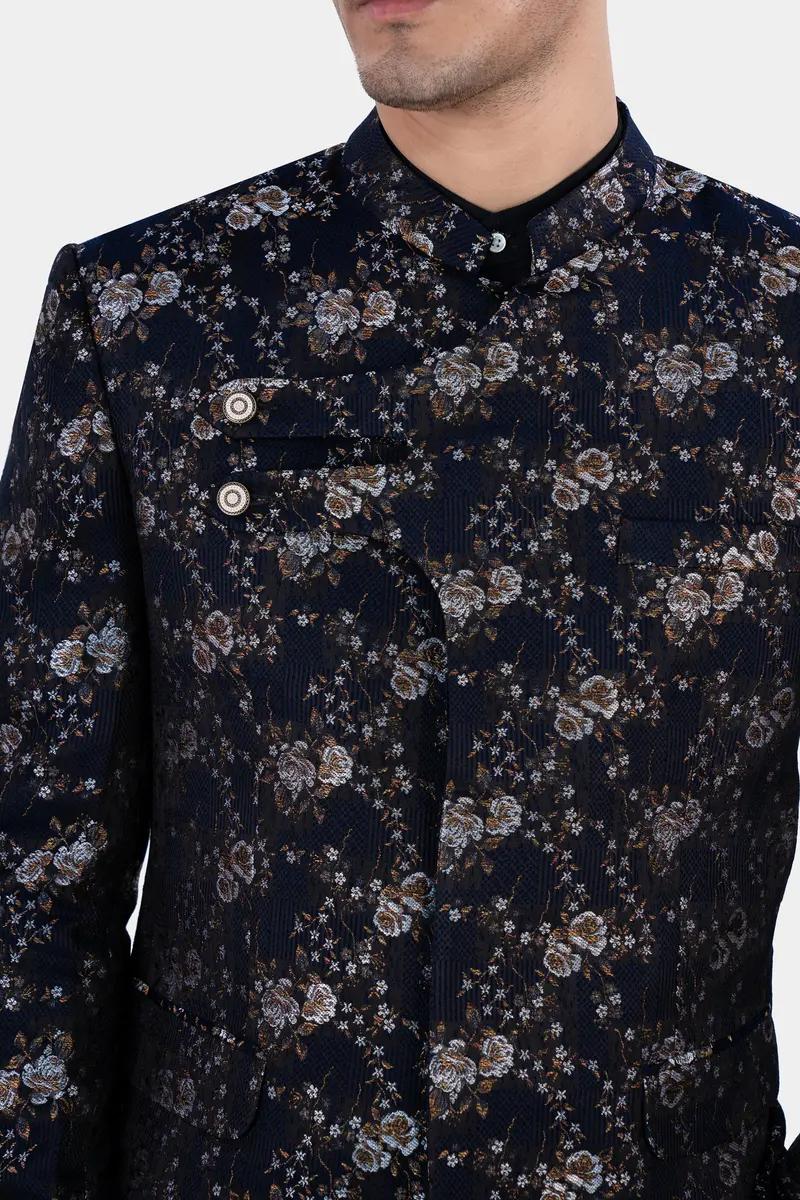 Cove Blue And Sepia Brown Floral Jacquard Textured Premium Giza Cotton Bandhgala Designer Blazer 4