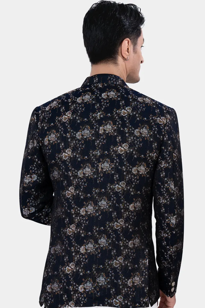 Cove Blue And Sepia Brown Floral Jacquard Textured Premium Giza Cotton Bandhgala Designer Blazer 5