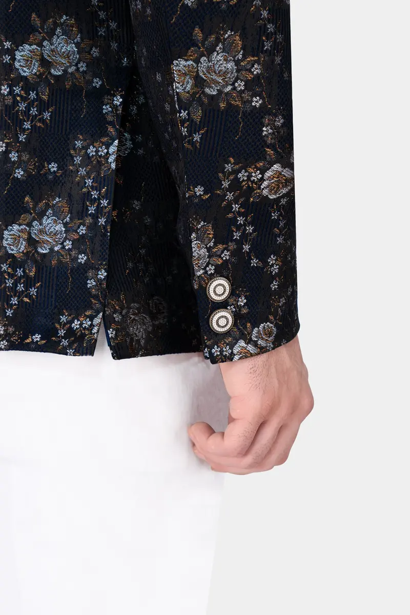 Cove Blue And Sepia Brown Floral Jacquard Textured Premium Giza Cotton Bandhgala Designer Blazer 6