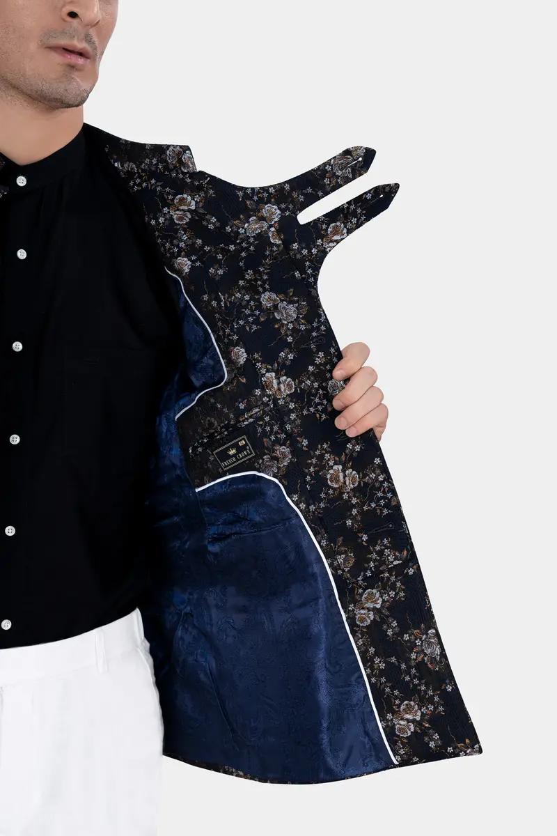Cove Blue And Sepia Brown Floral Jacquard Textured Premium Giza Cotton Bandhgala Designer Blazer 7