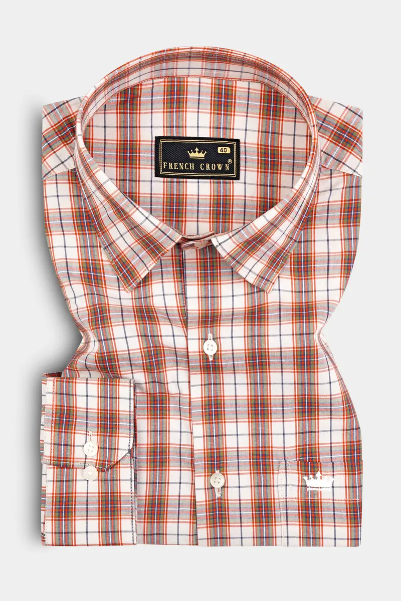 Crail Orange With Bright White Checkered Giza Cotton Shirt 3