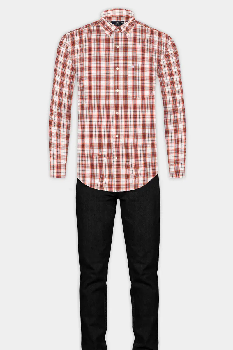 Crail Orange With Bright White Checkered Giza Cotton Shirt 6