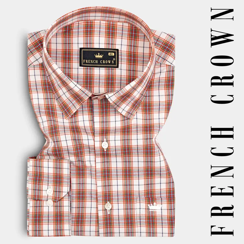 Crail Orange With Bright White Checkered Giza Cotton Shirt 7