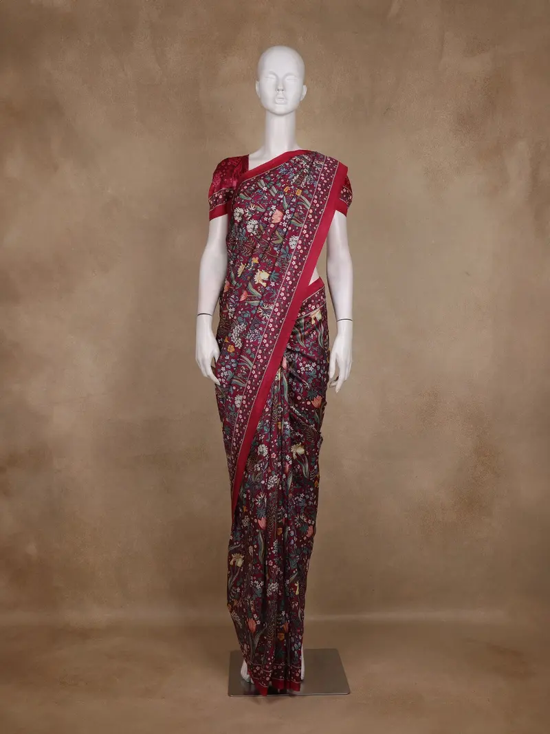 Cranberry Red Floral Printed Tussar Saree With Contrast Border 1