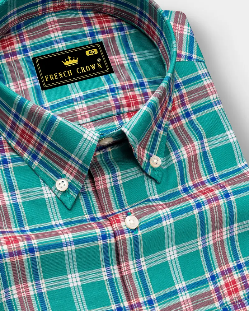 Cranivo-Eif Green And Cranberry Pink Plaid Twill Premium Cotton Semi Formal Shirt 1