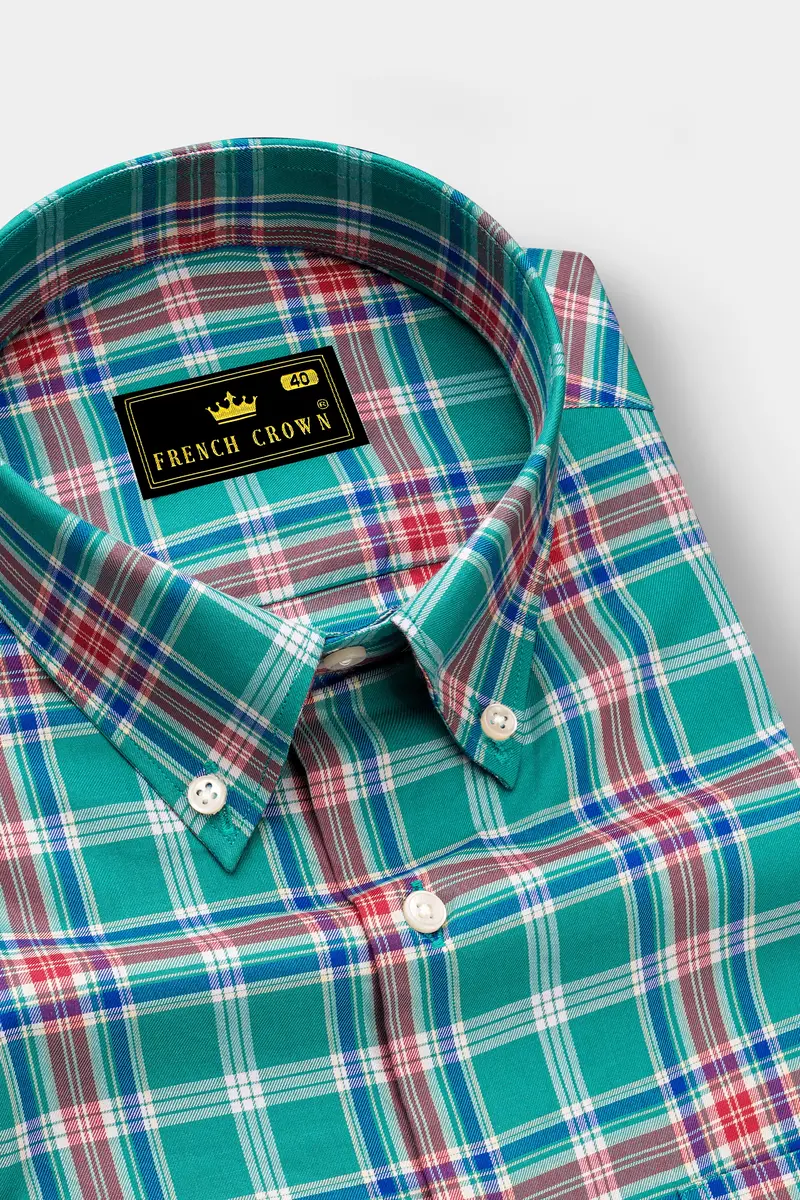 Cranivo-Eif Green And Cranberry Pink Plaid Twill Premium Cotton Semi Formal Shirt 2