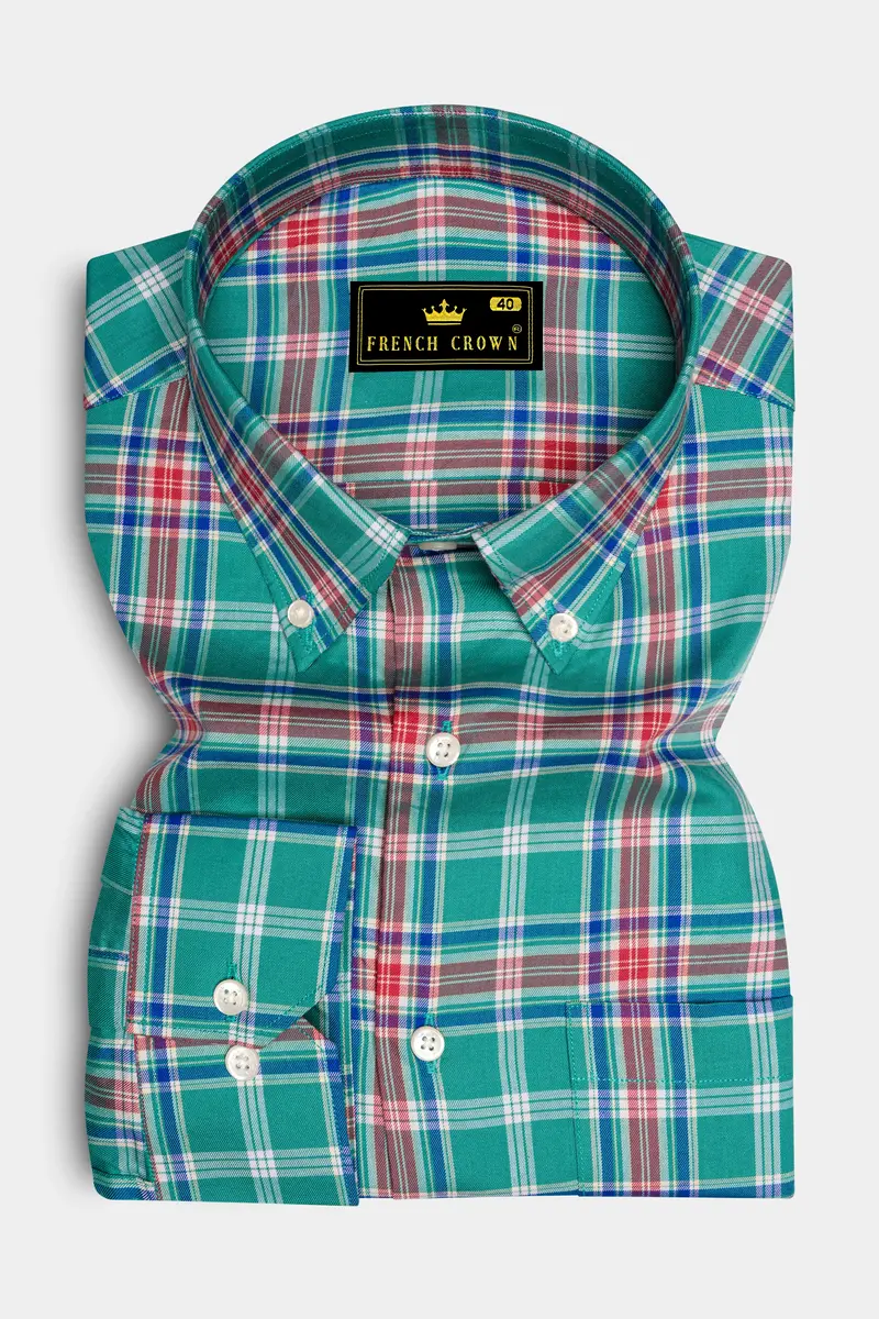Cranivo-Eif Green And Cranberry Pink Plaid Twill Premium Cotton Semi Formal Shirt 4